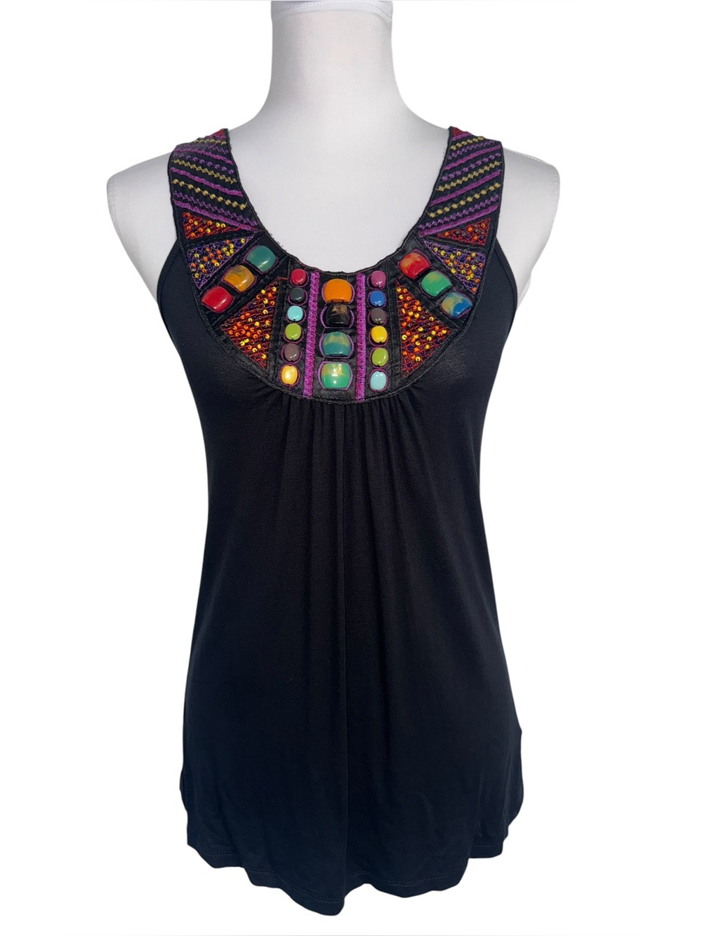 Twenty One Black Beaded Embellished Tank Top Boho Keyhole Back Small Y2K
